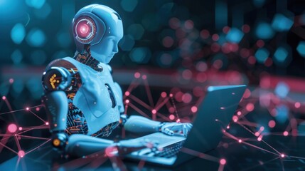 Illustration of robot humanoid using laptop, representing global AI network