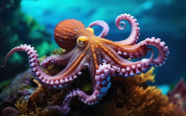 Vibrant octopus captured in its natural aquatic habitat, its tentacles outstretched elegantly amidst the coral
