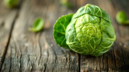 Close up of a fresh Brussels Sprout on a rustic wooden Table