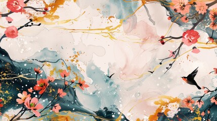 Abstract background with flowers, branches, birds, and gold brushstrokes.
