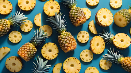 pineapples, pineapple slices. tropical pineapple background	 - obrazy, fototapety, plakaty
