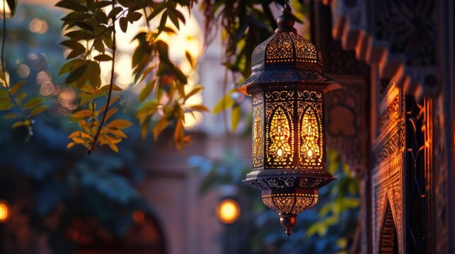 Elaborate Arabic lantern casting a warm glow in a peaceful setting.