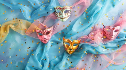 Festive Purim scene with colorful masks on a soft blue backdrop