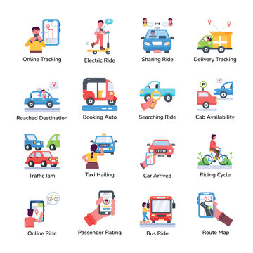 Ride Sharing and Transportation Flat Icons 

