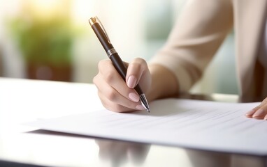 A well-dressed person's hand is captured while writing with a fancy pen on a white paper, implying a formal or business correspondence