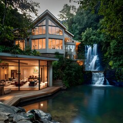 beautiful modern architect house with different floors located next to a waterfall 