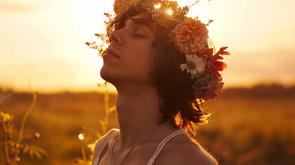 young male model with flower crown swaying to the music, his eyes closed in pure bliss