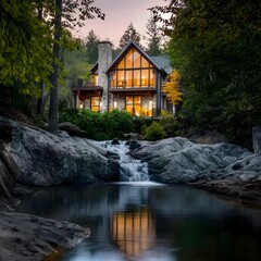 beautiful modern architect house with different floors located next to a waterfall 