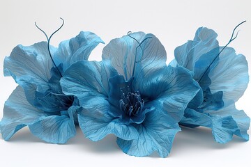 3 surreal exotic high quality blue flowers macro isolated on white. Greeting card objects for anniversary, wedding, mothers and womens day design 