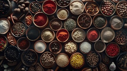 colorful mix of herb and spice varieties: curry, coriander, turmeric, cumin, paprika, pepper, mustard, salt, cardamon, oregano, saffron, cinnamon; food ingridients 