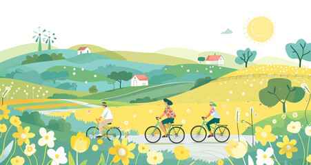 a painting of people riding bicycles in a field