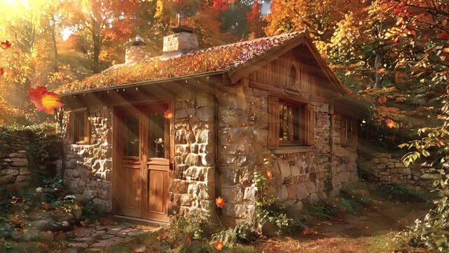 Experience the nostalgic beauty of fall as captured in this stunning 4k looping video, showcasing a classic stacked house framed by piles of wood.