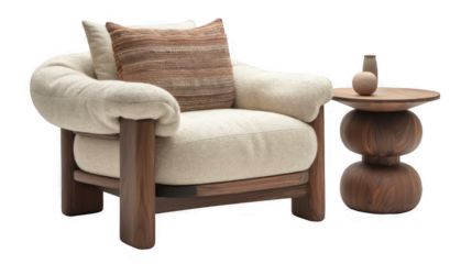 A wooden chair with a brown pillow sits next to a wooden table