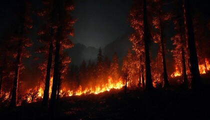 Burning forest landscape at night. Trees on fire. Hot orange flame.