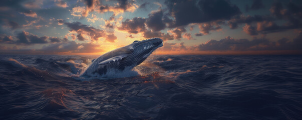 Humpback whale jumping out of the water with beatuful nature, ocean, sunset. The whale is spraying water and falling on back. - obrazy, fototapety, plakaty