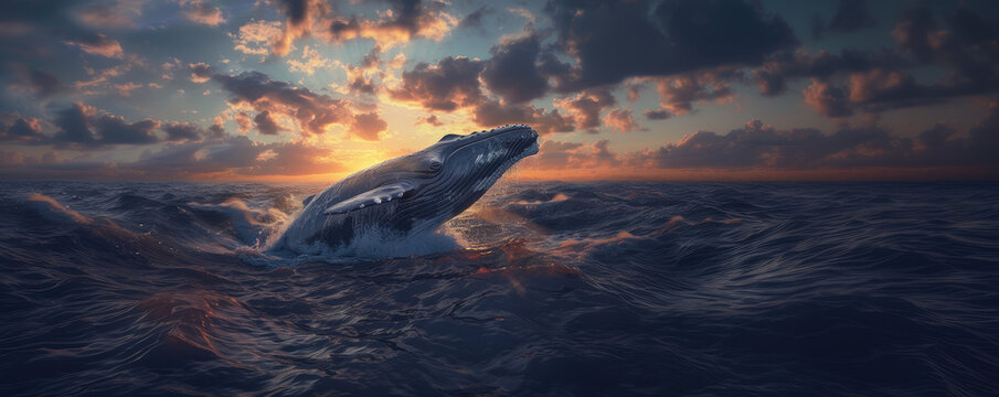 Humpback whale jumping out of the water with beatuful nature, ocean, sunset. The whale is spraying water and falling on back.