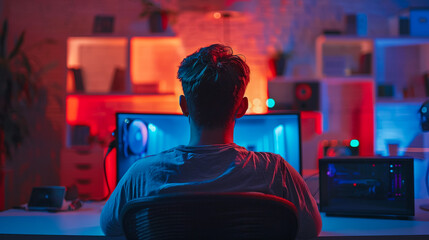 Gamer using professional grade level gaming setup to avoid disruptive lag while playing esports tournaments. Woman relaxing in rgb lights apartment playing action shooting videogame late at night