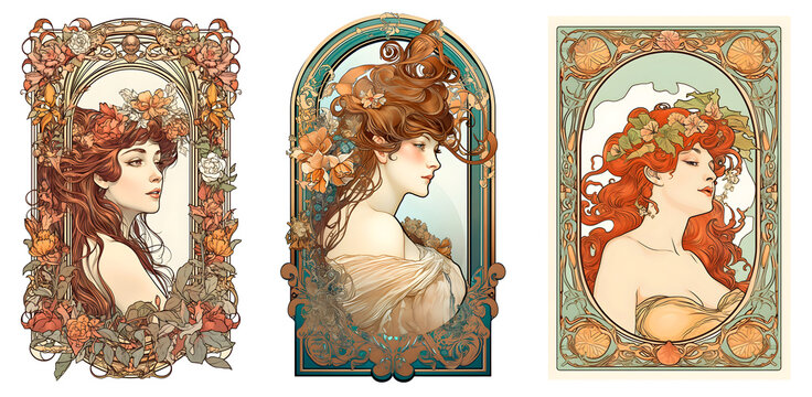 Portrait of beautiful women in Art Nouveau style. Awesome women drawing