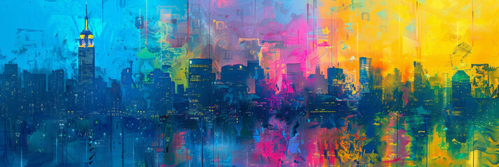 An abstract painting illuminates a city with multiple colors, using digital painting techniques in cyan and azure, creating atmospheric horizons. - obrazy, fototapety, plakaty