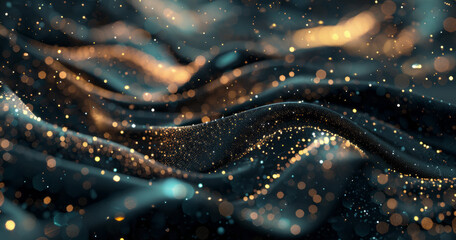 A bright background in shades of black, gold, and blue creates a mystical and dreamy atmosphere with dotted patterns.