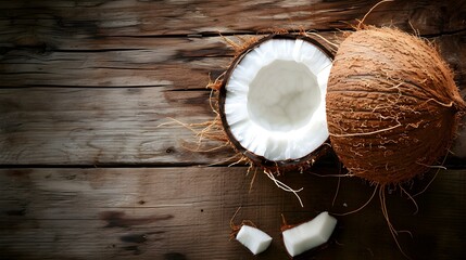 Close up of a fresh Coconut on a rustic wooden Table