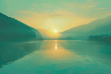A sunrise illuminates a river on a lake, capturing the essence of a sunny autumn adventure in teal and yellow. - obrazy, fototapety, plakaty