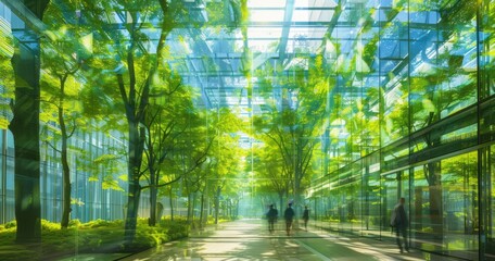 An structure, enveloped by trees, resides within a green glass building, celebrating nature with detailed renderings. - obrazy, fototapety, plakaty
