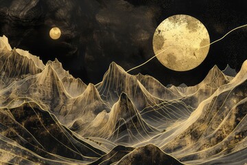 An elegant gold wave traverses some mountains, featuring detailed science fiction illustrations, tactile landscapes, and dreamlike installations. - obrazy, fototapety, plakaty