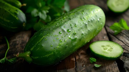 Close up of a fresh Cucumber on a rustic wooden Table