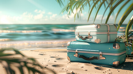 Traveling suitcases on a paradisiacal beach. Vacation and relaxation 