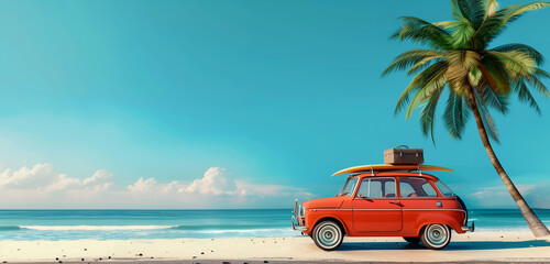 Travel car with a surfboard on a beautiful vacation beach