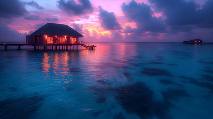 Sunset on an Paradisiacal island with lovely wooden cabins