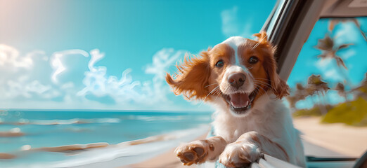 Happy puppy travels in a car on vacation. 