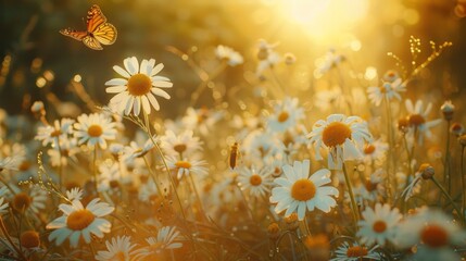 panoramic summer meadow landscape Sunlit field of daisies Chamomile flowers with fluttering butterflies.