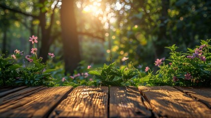 background with green lush young foliage and flowering branches with an empty wooden table on nature outdoors in sunlight in garden.