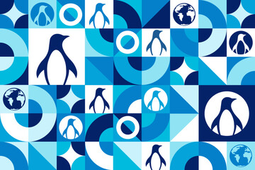 World Penguin Day. April 25. Seamless geometric pattern. Template for background, banner, card, poster. Vector EPS10 illustration.