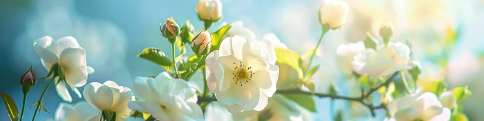 Spring Bloom - Beautiful White Rose Bush Border on Blue Background