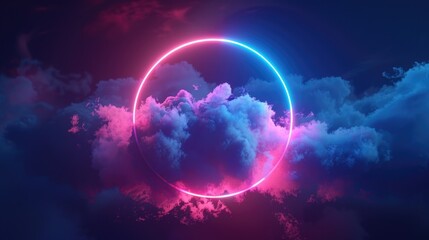 Abstract Shape Background. Ultraviolet Neon Light Ring on Dark Cloudy Night Sky