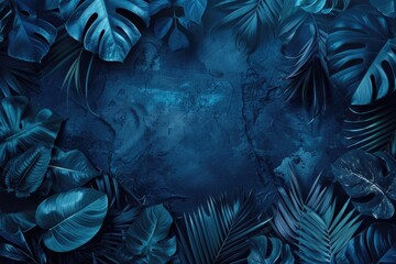Modern Template. Tropical Floral Leaves Collection with Blue Botanical Background
