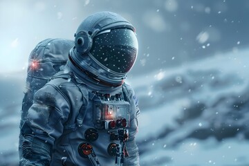 Solitary Astronaut Exploring the Enigmatic Alien Landscape of a Distant Frozen Planet - obrazy, fototapety, plakaty