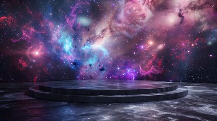 Captivating Futuristic Panorama with Cosmic Galaxies and Vibrant Nebulae on a Contrasting Circular Stage
