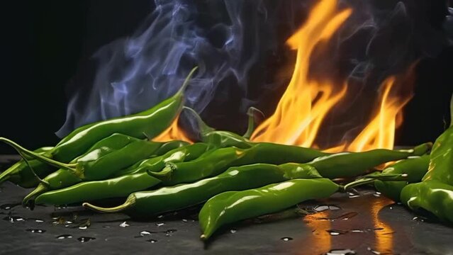 hot green chili peppers with fire