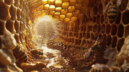  the intricate city-like structure inside a wild beehive - obrazy, fototapety, plakaty
