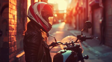 A woman wearing a motorcycle helmet is leaning in front of a motorcycle in an urban alleyway at sunset