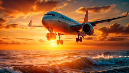 Airplane on seascape background - obrazy, fototapety, plakaty