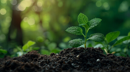 Planting a small plant on a pile of soil on green bokeh background.