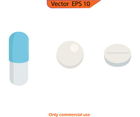 Pill icon set,  medicament symbol, medical design element. Capsules for graphics. Mockup. Medical and Healthcare Concept. Top View. 