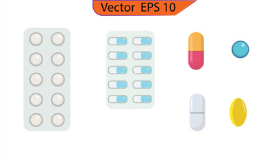 Pharmaceutical pills, medicine pills in blister packs. Pharmacy treatment, health pill, medication vitamin and tablet, vector illustration.  Classic Pills. Top View
