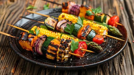 a healthy selection of grilled vegetable kebabs asparagusand corn on a dark plate on a wooden surface