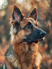 German shepherd, Portrait of a german shepherd dog, Dog portrait, German shepherd dog sitting in a forest with autumn leaves, Dog breed, AI generated